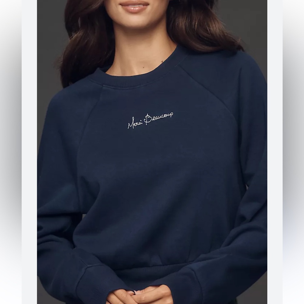 Maeve Embroidered “Merci Beaucoup” Shrunken Crew-Neck Sweatshirt Navy, Sz S NWT
